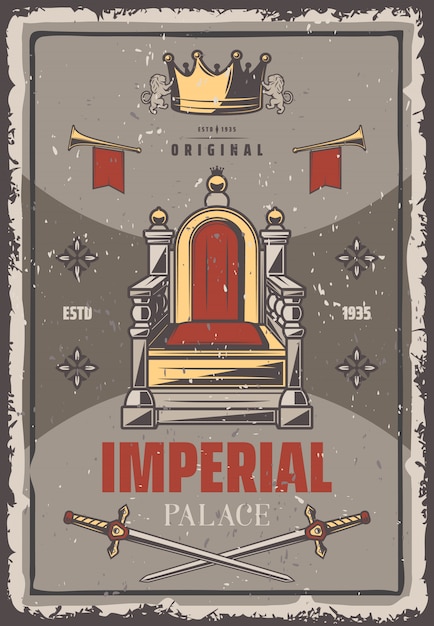 Royal Vintage Poster with Throne, Trumpets, Crown, and Crossed Swords – Free Download