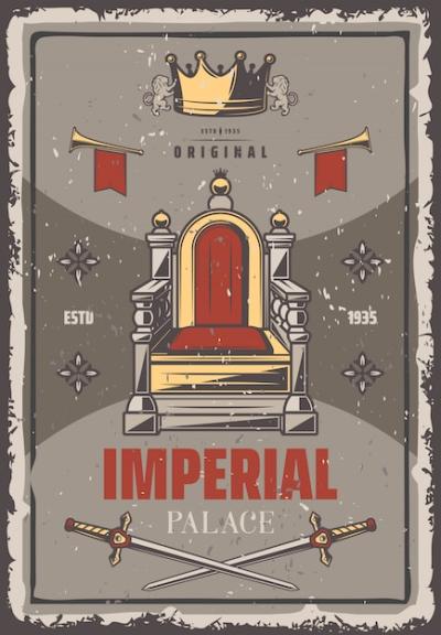 Royal Vintage Poster with Throne, Trumpets, Crown, and Crossed Swords – Free Download