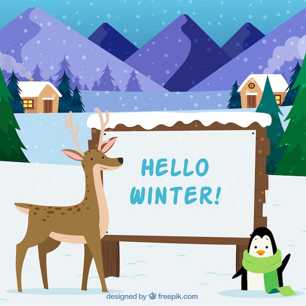 Hello Winter Background Featuring a Reindeer and Penguin – Free Download