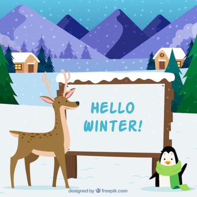 Hello Winter Background Featuring a Reindeer and Penguin – Free Download