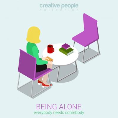 Loneliness Concept: Isometric Illustration of a Woman Sitting Alone at a Coffee Table Opposite an Empty Chair – Free Download