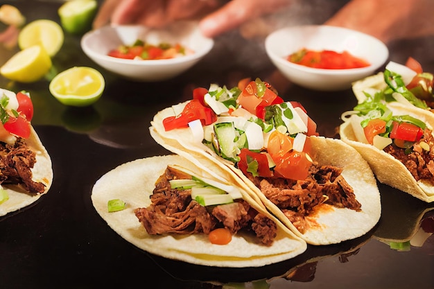 Healthy Tacos with Pork and Avocado on a Wooden Background – Free Download