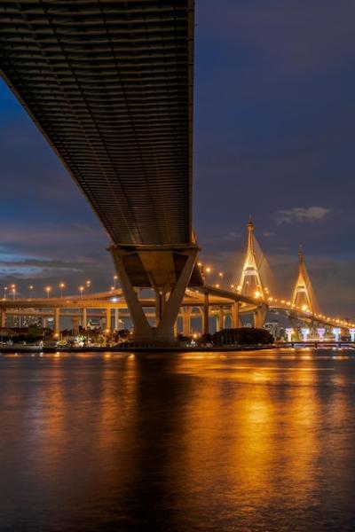 Stunning Twilight View of Large Suspension Bridge Over Chao Phraya River – Free Stock Photo for Download