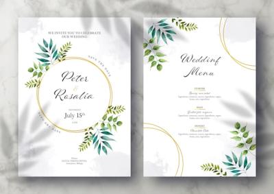 Beautiful Wedding Invitation and Menu Template with Watercolor Leaves and Golden Frame – Free Download