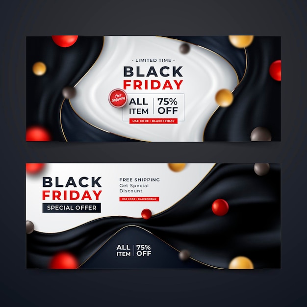 Realistic Wavy Black Friday Horizontal Banners Set – Free Download