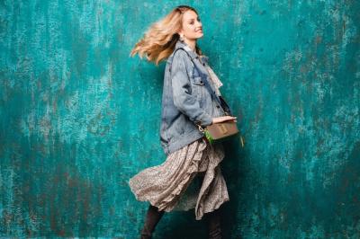 Blonde Woman in Oversize Jacket and Jeans Walking by Vintage Green Wall – Free Stock Photo, Download for Free