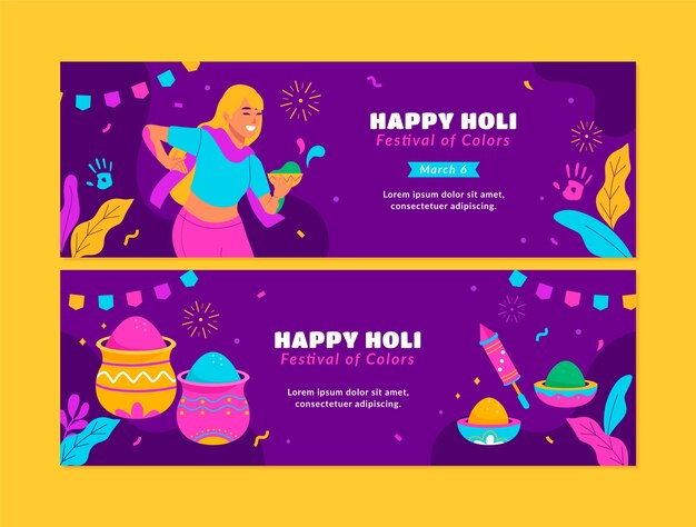Flat Holi Festival Horizontal Banners Set – Free Download