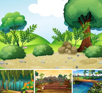 Nature Scenes of Forest and River in Cartoon Style – Free Stock Photo