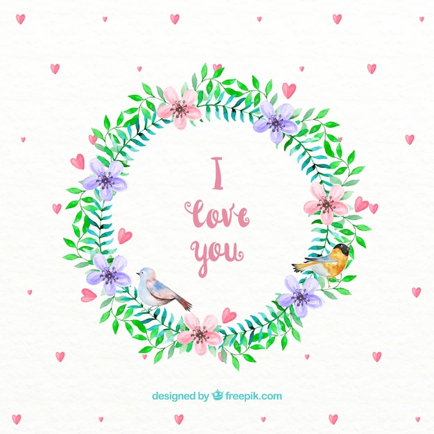 Watercolor Floral Wreath with Hearts Background – Free Download