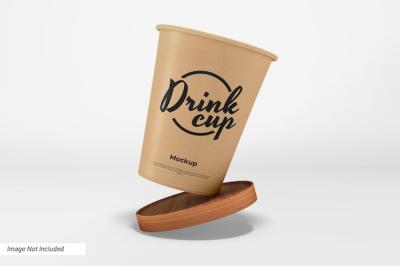 Paper Drink Cup Mockup Featuring Wooden Pad – Free to Download