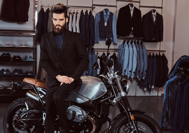 Confident Bearded Stylish Man in Black Suit by Retro Sports Motorbike – Free Stock Photo for Download