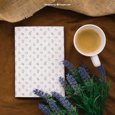 Book Cover Composition Featuring Coffee and Flowers – Free Download
