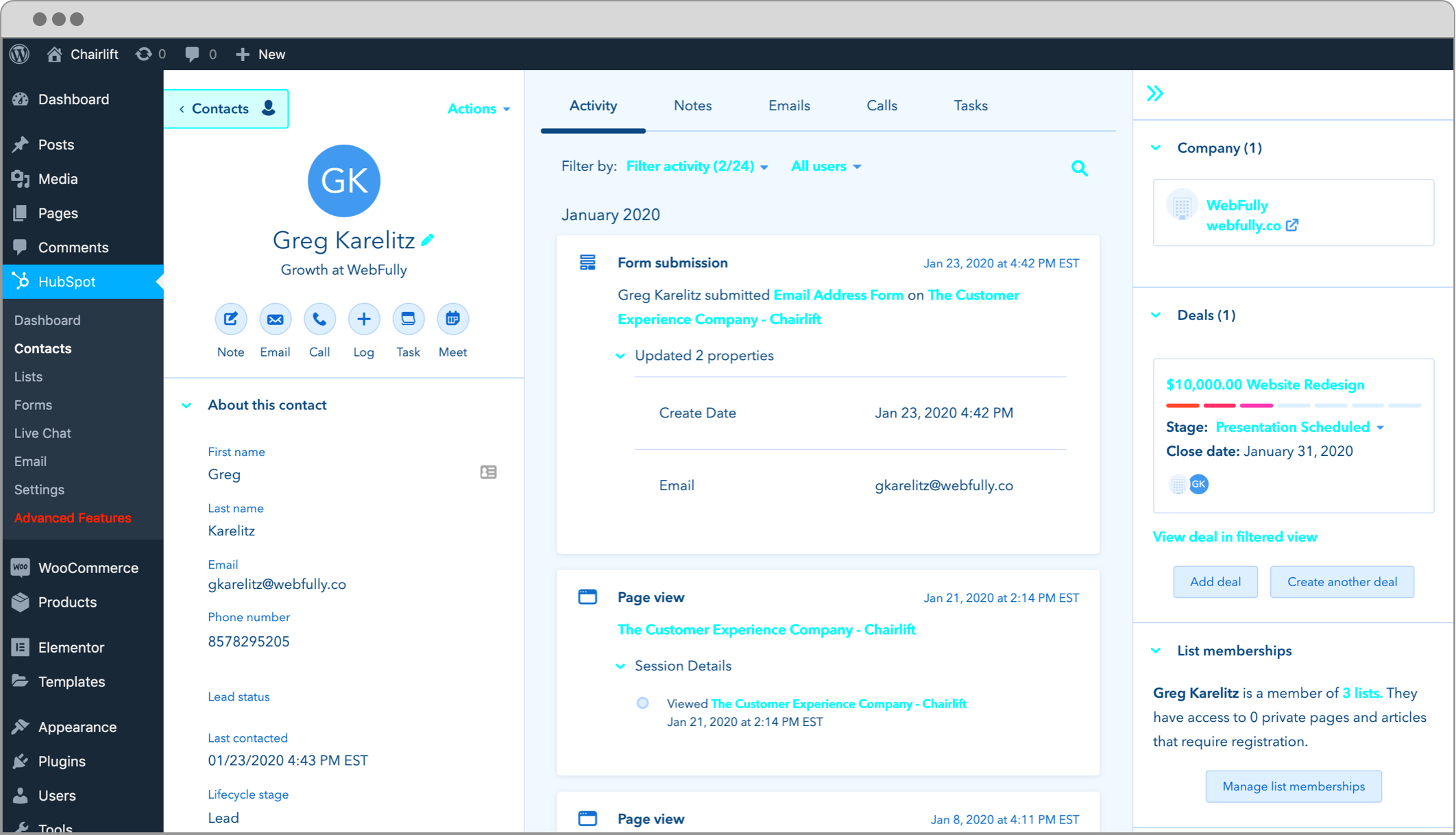 CRM WordPress  plugin gratuit de HubSpot