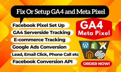 I will fix or setup meta pixel ga4 ecommerce tracking ga4 server side tracking by GTM