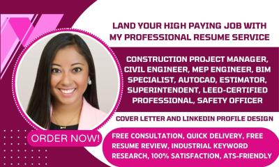 I will write construction manager, superintendent, mep engineer, construction resume