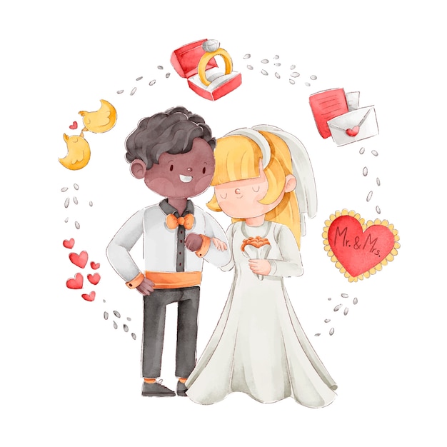 Wedding Couple Watercolor Illustration with Frame – Free to Download