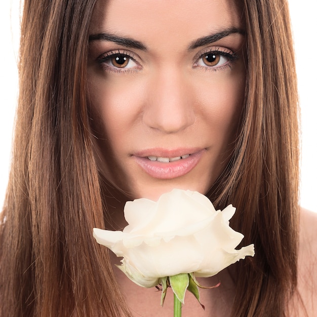 Beautiful Woman with White Rose on White Background – Free Stock Photo for Download