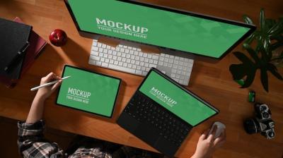 Female Hands Working with Computer and Tablets Mockup – Free Stock Photo, Download for Free