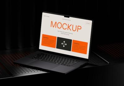 Laptop Mockup on Dark Metal Base – Free Download