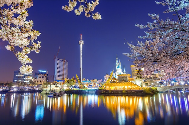 Lotte World Amusement Park at Night and Cherry Blossom – Free Stock Photo for Download