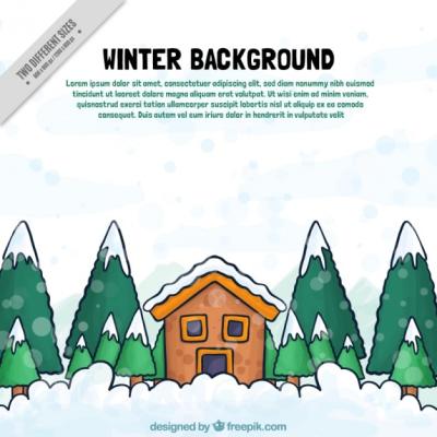 Hand-Drawn Winter Background Featuring a House and Trees – Free to Download