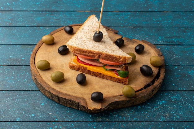 Tasty Cheese and Ham Sandwich with Olives on Blue Background – Free Stock Photo, Download for Free