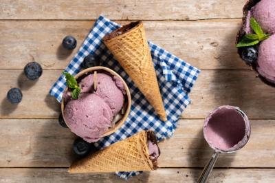 Blueberry Ice Cream Scoops with Waffle on Wooden Table – Free Download