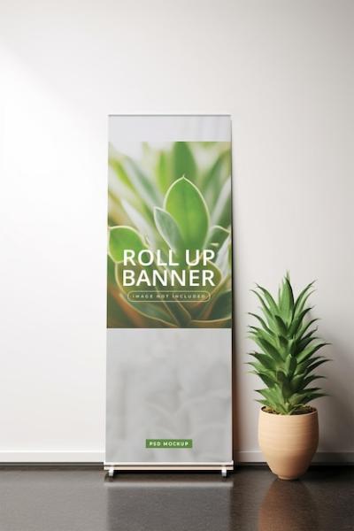 Roll Up Banner Mockup Featuring Plants in Minimalist Space – Free Download