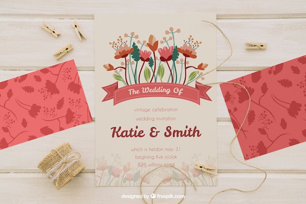 Wedding Invitation Mockup Featuring Cord and Clothespins – Free Download