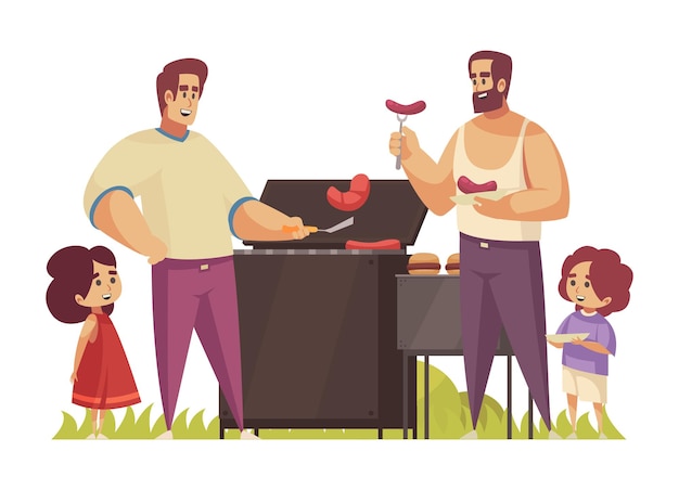 Outdoor Barbecue Scene with Grill and Family Vector Illustration – Free Download