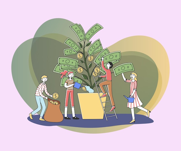 Flat Vector Illustration of People Growing a Money Tree – Free Stock Photo for Download