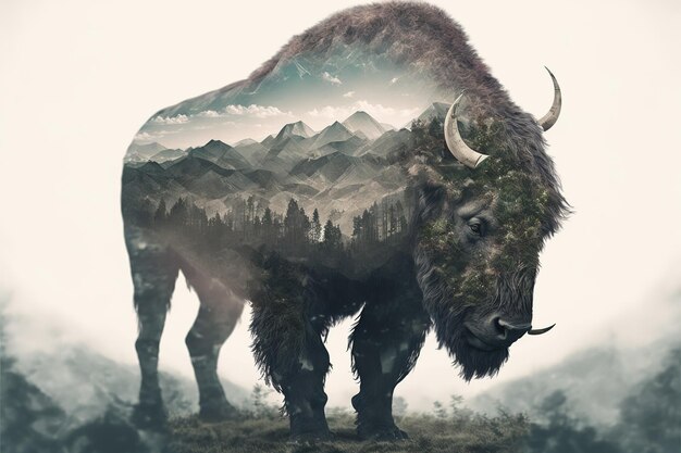 Male Bison Grazing on Grassland with Double Exposure Natural Background – Free Download