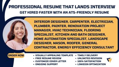 I Will Write Interior Designer, Electrician, Plumber, HVAC Technician, and Construction Resume