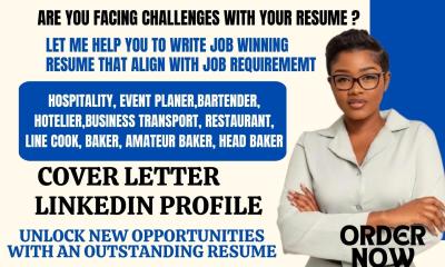 I Will Craft Expert Resumes for Hospitality, Tourism, Restaurant, Bartender, Shift Leader, and Chef Positions