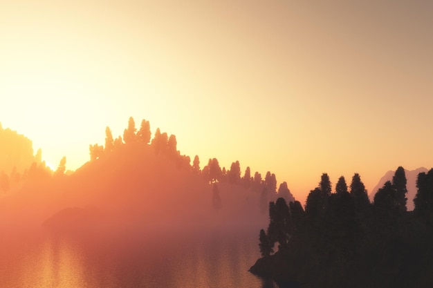 Stunning 3D Landscape of Mountains and Trees at Sunset – Free Download