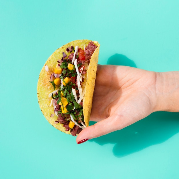 Close-Up of a Woman Holding a Taco Against a Green Background – Free Download