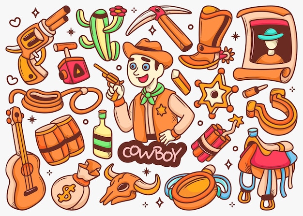 Cowboy Doodle Hand Drawn Color Vector Collection – Free Download