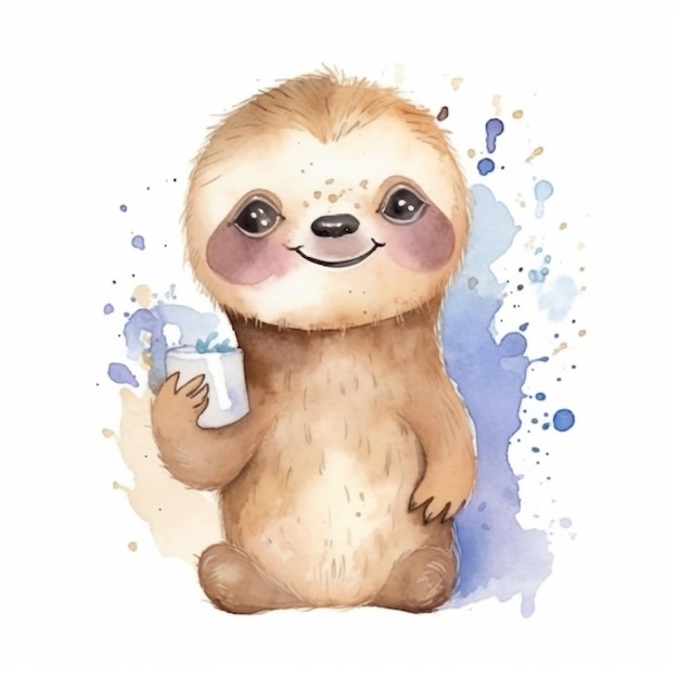 Watercolor Sloth with a Glass of Milk – Free Download Free Stock Photo