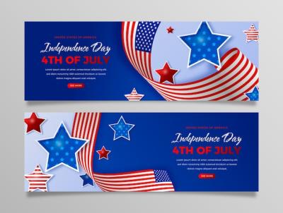 Realistic 4th of July Horizontal Banners Set with Flag and Stars – Free Download