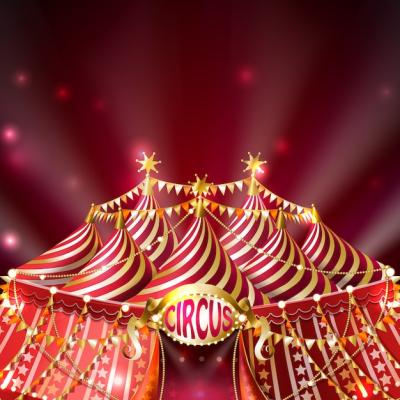 Striped Circus Tent with Golden Flags and Illuminated Signboard – Free Download, Free Stock Photo