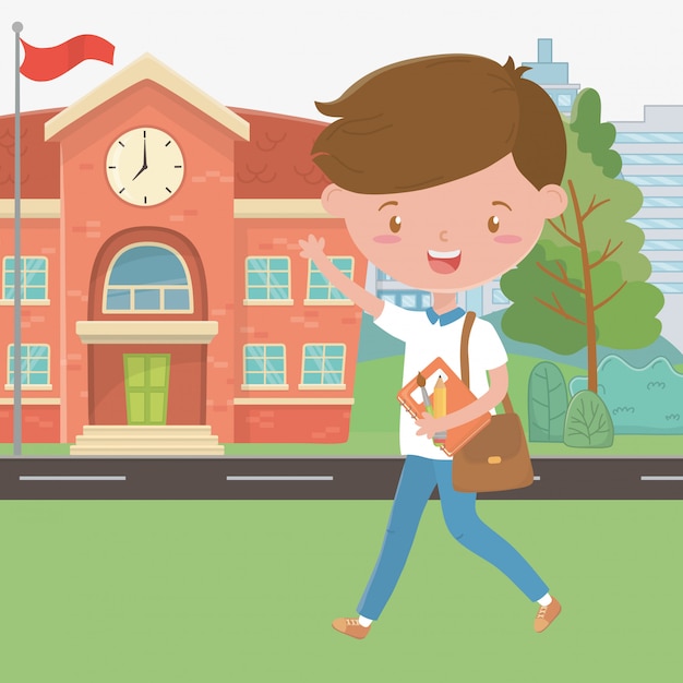 Cartoon Boy in Front of School Building – Free Download