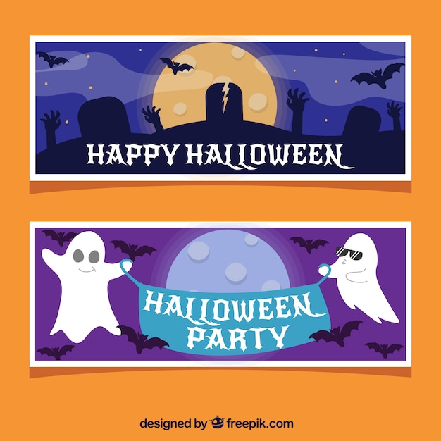 Halloween Party Banners Featuring Ghosts and Tombs – Free Download