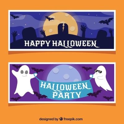 Halloween Party Banners Featuring Ghosts and Tombs – Free Download