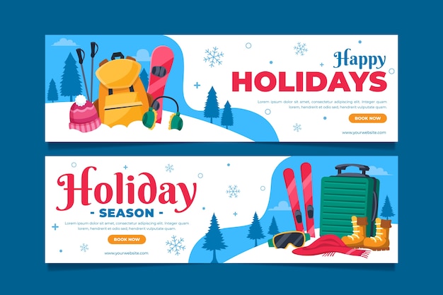 Hand Drawn Flat Happy Holidays Horizontal Banners Set – Free Download