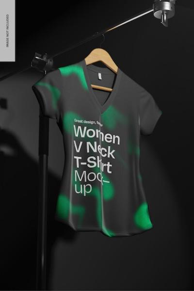 Women V Neck T-Shirt Mockup in Dark Studio – Free Download