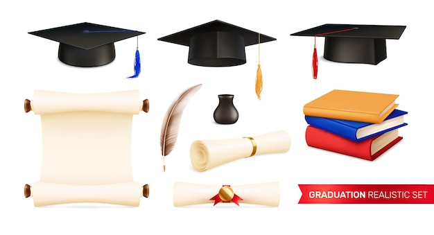 Realistic Graduation Icons: Academic Hats, Diplomas, Quills & Book Stacks – Free Stock Photo for Download