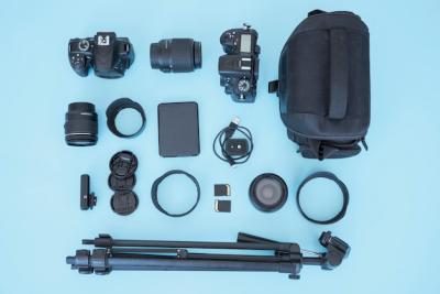 Overhead View of Photography Gear on Blue Background – Free Stock Photo, Download Free