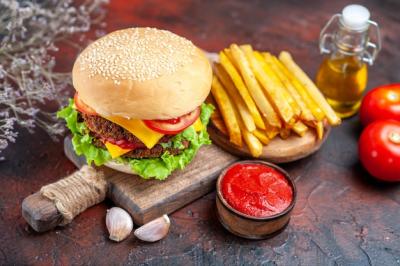 Tasty Meat Burger with French Fries on Dark Desk – Free Download