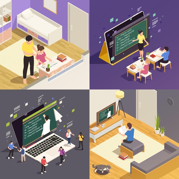 Exploring Online Education: Isometric 2×2 Design Featuring Children Engaged in Video Courses – Free Download