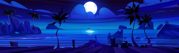 Night Cloud Sky with Moon on Sea Landscape Vector – Free Stock Photo for Download